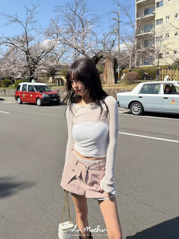 腰拼色兩扣單口袋褲裙